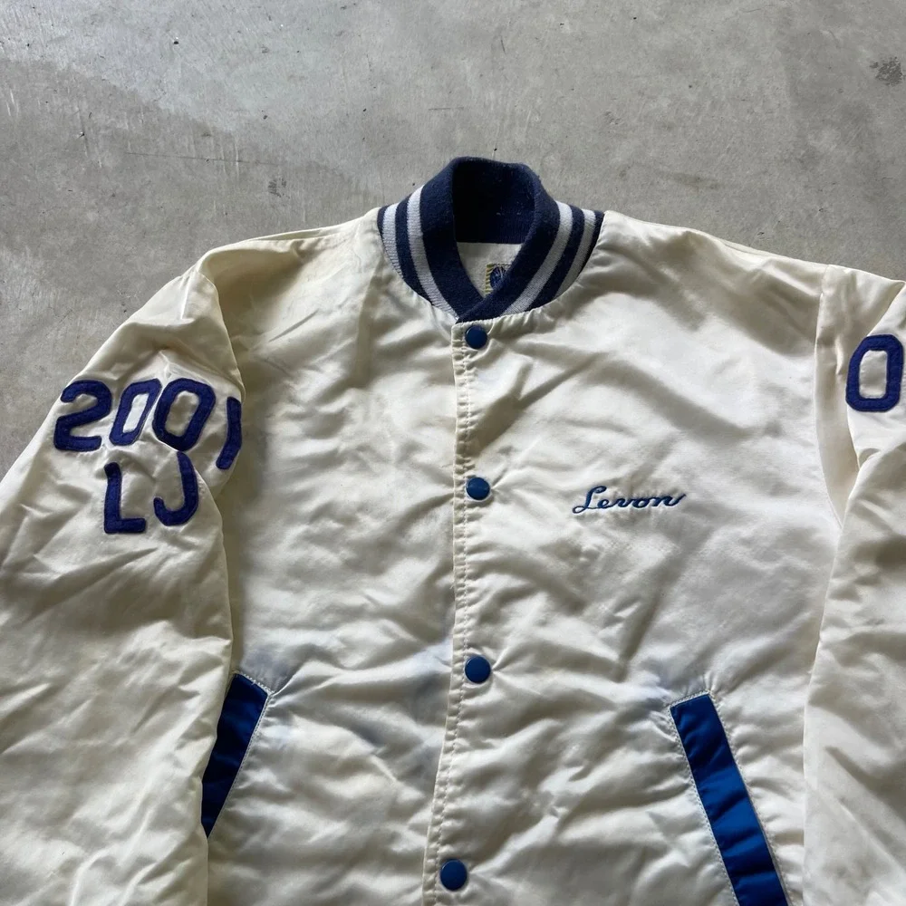 Vintage Hewitt Mfg Palisades Park Track Field Satin Varsity Jacket Cream Blue 86